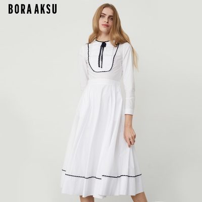 BORAAKSU2021春季新款拼色花边长袖连衣裙B1BB65250