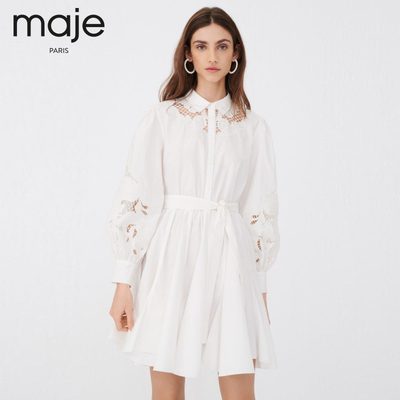 maje2021春夏新款女装翻领镂空灯笼袖系带连衣裙MFPRO01658
