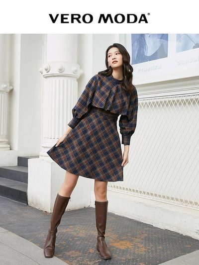 Vero Moda2020新款秋季复古格纹高领斗篷式连衣裙|32017C538