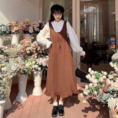 秋冬2020年新款女赫本风纯色木耳边抽绳收腰显瘦中长款背带连衣裙