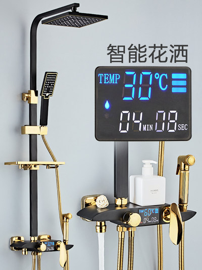德国浪斯沐浴智能数显淋浴花洒套装全铜浴室家用恒温喷头黑色卫浴