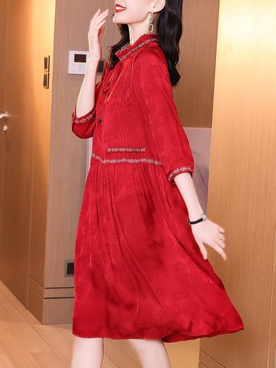 天丝连衣裙女春装2021年新款优雅气质红色过年喜庆本命年时尚裙子